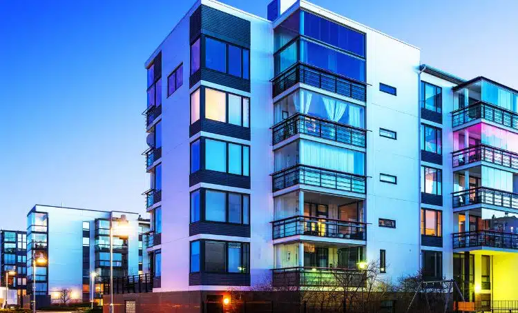 a commercial building at dusk - commercial real estate